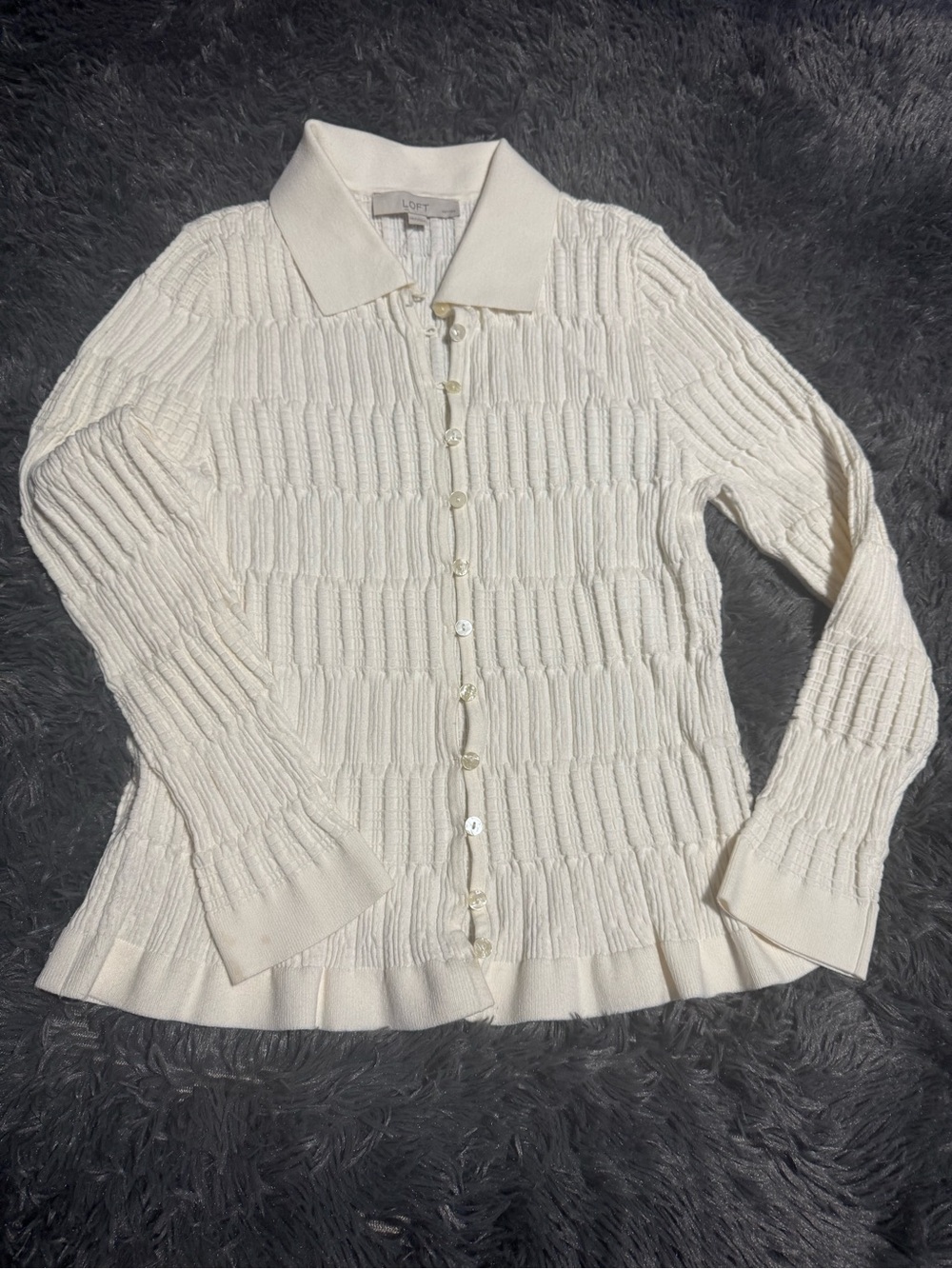 LOFT Cream Collared Ruffle-Hem Button Cardigan - Picture 5 of 5